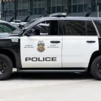 Minneapolis Police car in downtown Minneapolis^ Minnesota^ MN USA^ May 5^ 2023.