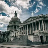 Dark and gloomy view of the deserted US Capitol Building under moody sky in Washington DC^ USA