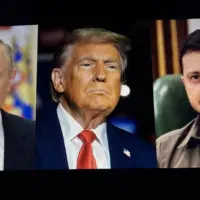 mages of the president Donald Trump^ Volodymyr Zelenskyy and Vladimir Putin side by side
