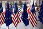 European and US flags in European Council in Brussels^ Belgium on May 25^ 2017.
