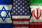 Israel^ United States and Iran flags on the textured wall^ political conflict concept background with clash. War^ trade^ diplomatic. USA negotiation