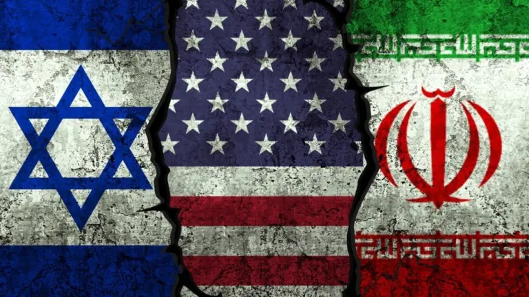 Israel^ United States and Iran flags on the textured wall^ political conflict concept background with clash. War^ trade^ diplomatic. USA negotiation