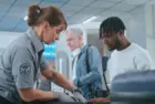 Security Checkpoint in Airport Terminal: Female TSA Worker Inspecting Baggage of Passenger before Boarding Flight^ Finding and Confiscates Liquid. Queue of Diverse People During Screening Procedures.