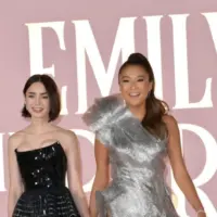 Lily Collins and Ashley Park at the premiere for season 4 of Emily in Paris at the Egyptian Theatre. LOS ANGELES^ USA. August 14^ 2024