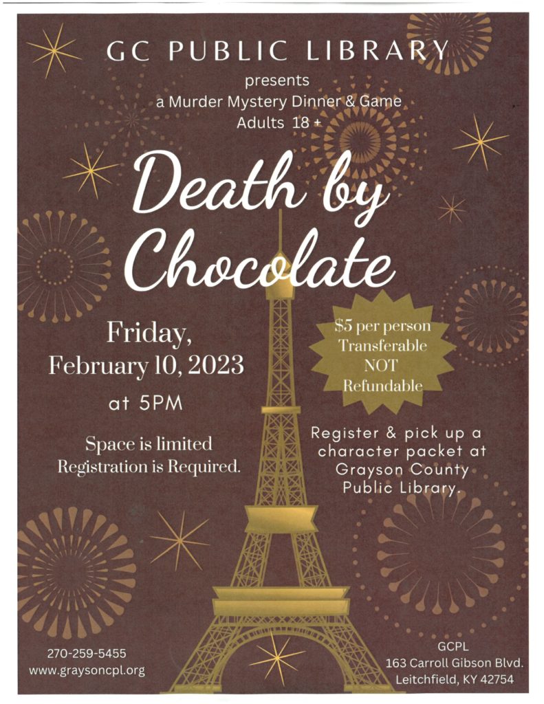 GCPL Death by Chocolate Murder Mystery Dinner and Game K105