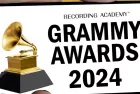 Grammy awards 2024 logo displayed on hand holding mobile screen. isolated on color background.