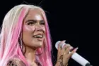 Singer Karol G during a performance at the Santiago Bernabeu^ on July 20^ 2024^ in Madrid^ Spain