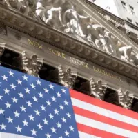 Grand American flag displayed on the facade of the New York Stock Exchange in downtown Manhattan. New York^ NY^ USA - 11.05.2024