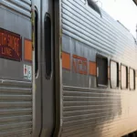 Train cars of the South Shore Line stop in Downtown Gary Indiana. Gary^ Indiana^ USA - March 28^ 2022