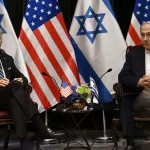 US President Joe Biden (L) and Israel's Prime Minister Benjamin Netanyahu as he joins a meeting of the Israeli war cabinet in Tel Aviv on October 18^ 2023^ battles between Israel and Hamas