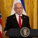 Israeli Prime Minister Benjamin Netanyahu at news conference in the East Room of the White House. WASHINGTON D.C.^ USA - FEBRUARY 4^ 2025
