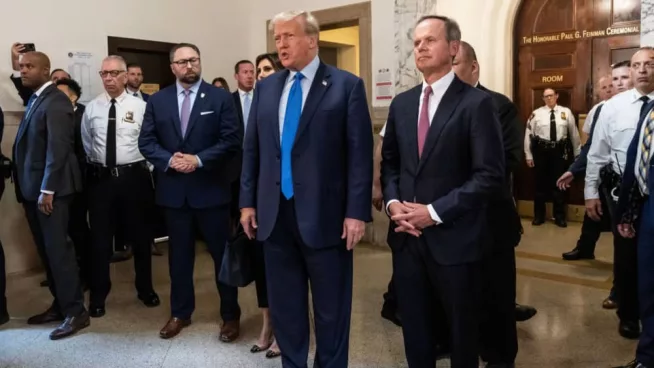 Former President Donald Trump speaks to press before the start of civil fraud trial at NYS court in New York on October 2^ 2023