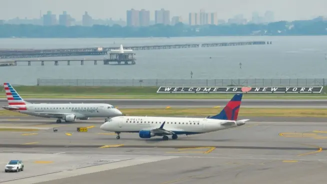 : Delta Airlines and American Eagle planes seen at the runway of LaGuardia International Airport. Manhattan^ New York^ USA - August 5^ 2025