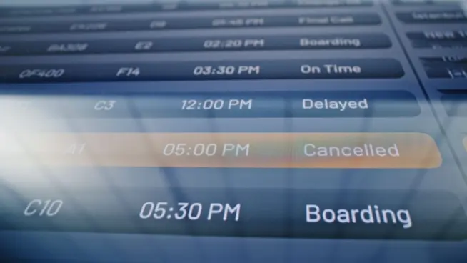 International Airport Terminal: Arrival and Departure Information Display with Flight Data Showing Destination^ Gate^ Time and Status of Flights. Schedule Board of Airplanes For Travelers. Close Up.