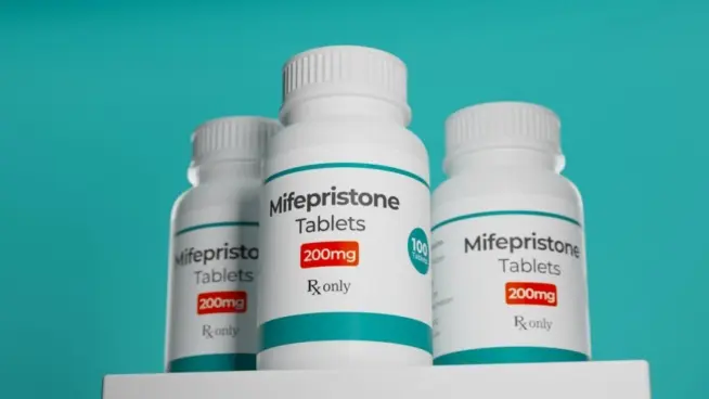Mifepristone tablets in bottle. RU-486 Medical abortion pills. Used in combination with misoprostol. 3D illustration.
