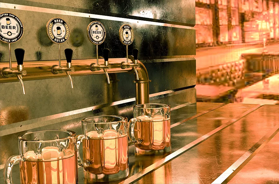 beer-taps-in-a-bar-with-three-served-mugs-beer-vintage-style-c