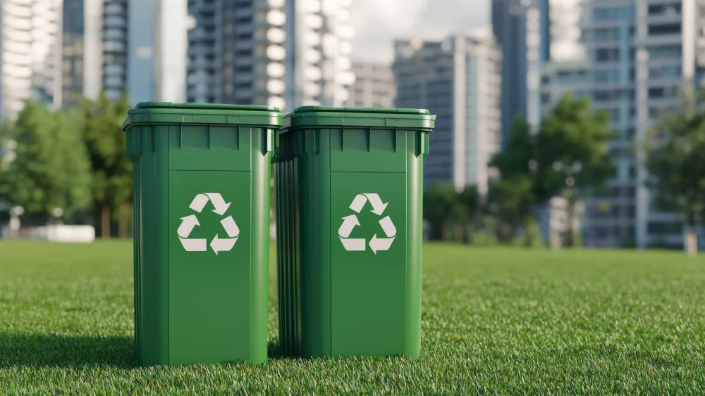 two-green-recycling-bins-sit-in-a-grassy-area-with-tall-buildings-in-the-background-promoting-eco-friendly-waste-management-in-an-urban-setting