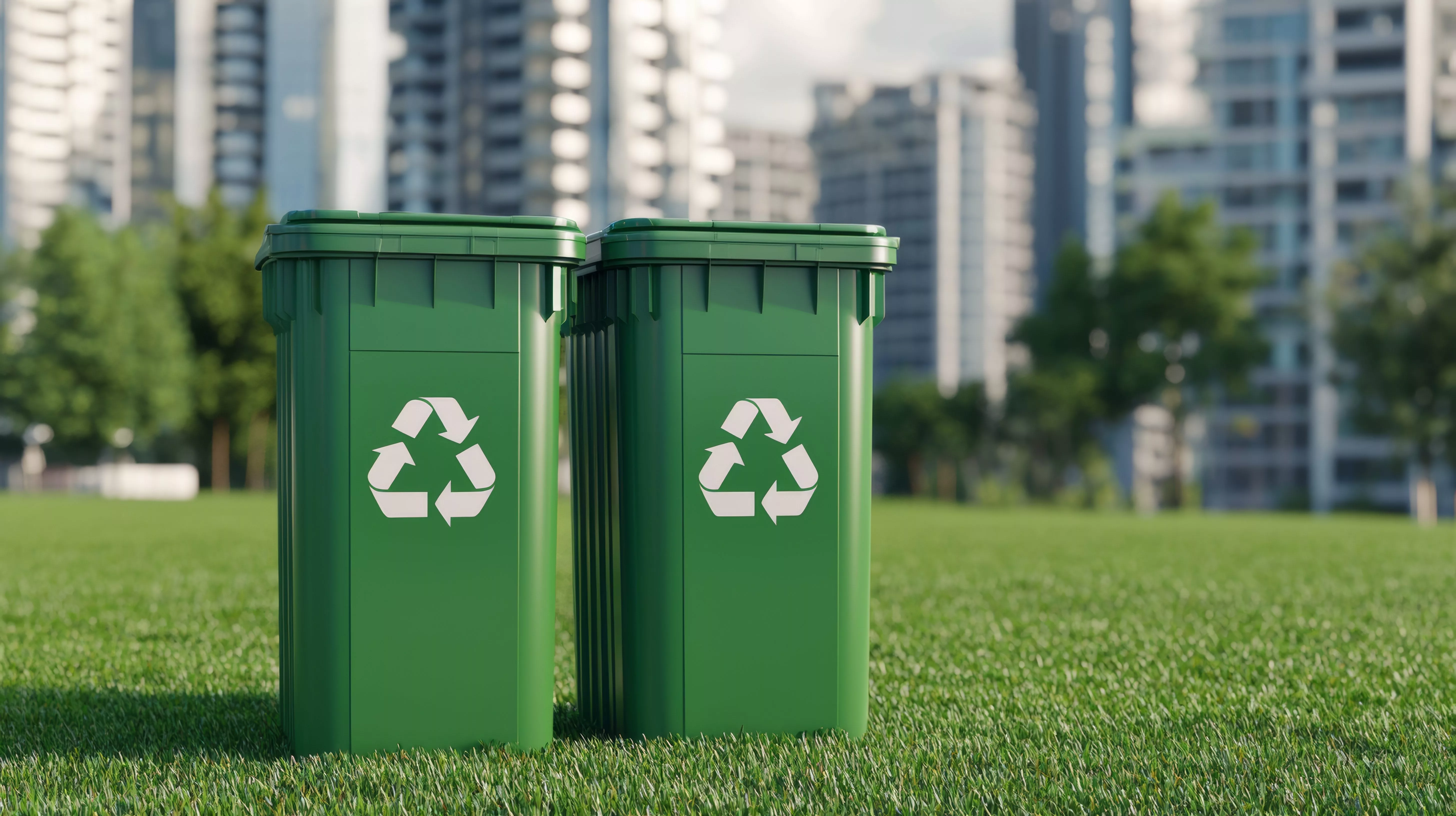 two-green-recycling-bins-sit-in-a-grassy-area-with-tall-buildings-in-the-background-promoting-eco-friendly-waste-management-in-an-urban-setting