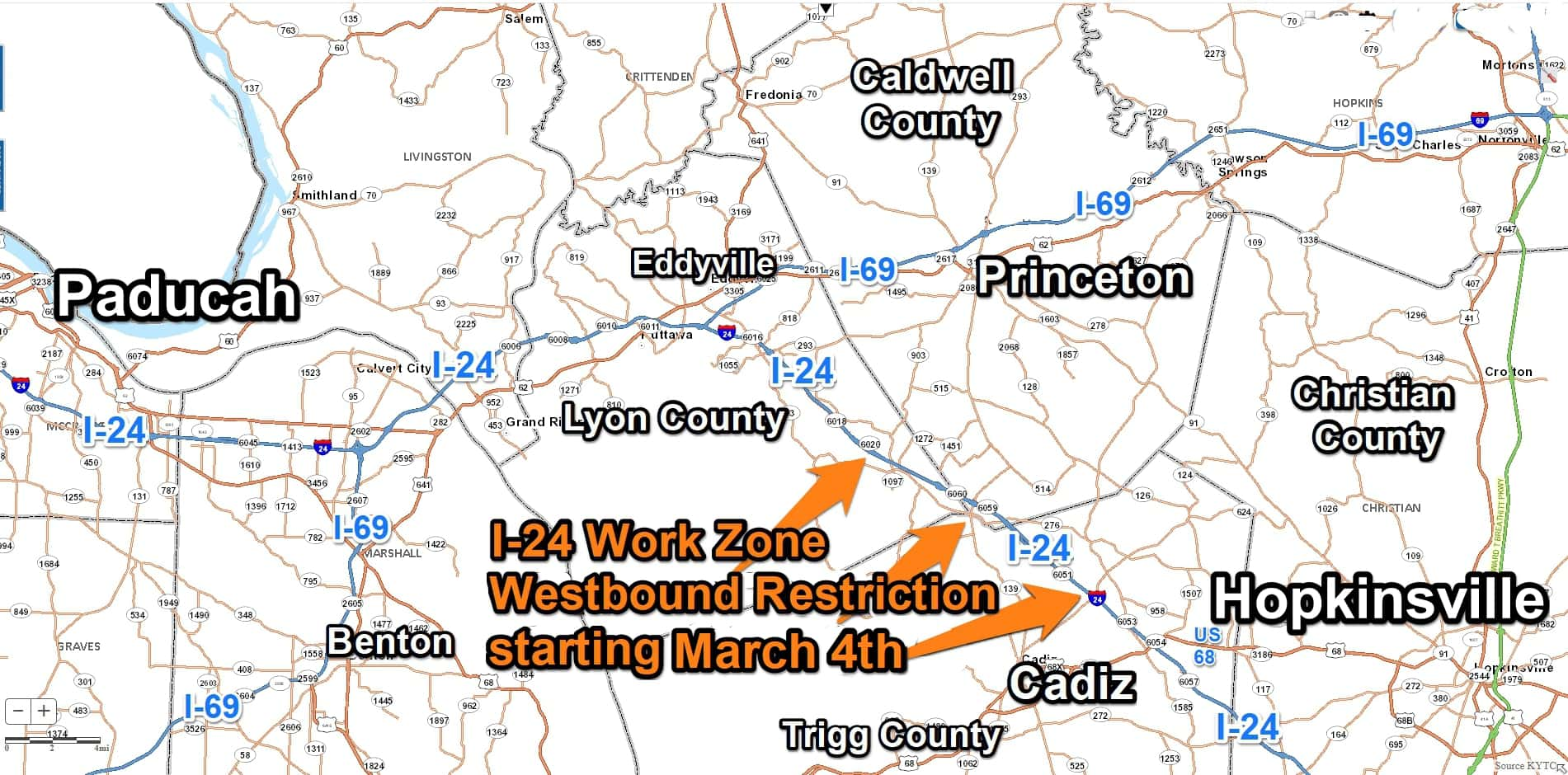 Work On Major Interstate 24 Improvement Project To Begin Wednesday   I24wkZnLyonCaldTrigg51to65Base2Map2020 