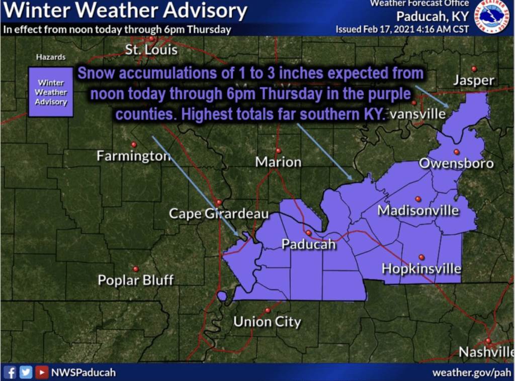 Winter Weather Advisory From Noon Today Until 6 PM Thursday | WKDZ Radio