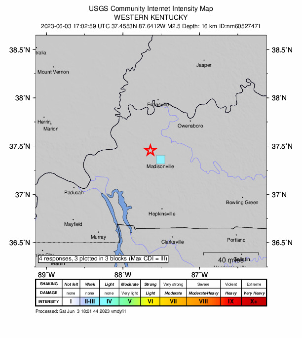 Third earthquake of the week observed in western Kentucky