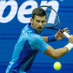 Novak Djokovic of Serbia returns ball during 4th round against Borna Gojo of Croatia at the US Open Championships at Billie Jean King Tennis Center in New York on September 3 2023