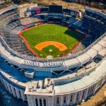 Aerial view of iconic Yankee Stadium in Bronx^ New York City^ US. BRONX^ US - Mar 28^ 2023