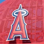 Iconic oversized Angels baseball cap at the entrance to Angel Stadium^ home of Major League Baseball's Los Angeles Angels.