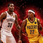 NBA Finals^ basketball players in Thunder and Pacers jerseys^ attacking pose. The scene is enhanced with red sparkling effects that glow as a backlight. The entire composition is set against a black background^ creating a striking contrast.