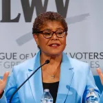 LA Mayor Karen Bass^ attends a mayoral debate on May 1^ 2022 in Los Angeles.
