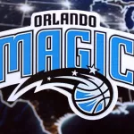 Orlando Magic basketball team badge lies on United States map background banne