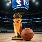 Indoor photo of photography of a basketball and next to it the larry o’brien nba championship trophy lying on a basketball court in an nba arena