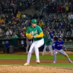 Oakland Athletics pitcher Mason Miller pitches against the Texas Rangers at the Oakland Coliseum. Oakland^ California - September 24^ 2024