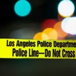 Police barricade tape with the writing 'LOS ANGELES POLICE DEPARTMENT POLICE LINE - DO NOT CROSS' illuminated night exterior with deliberately blurred background Los Angeles - January 2^ 2021