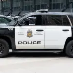 Minneapolis Police car in downtown Minneapolis^ Minnesota^ MN USA^ May 5^ 2023.