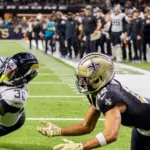 30 MONTARIC BROWN 12 CHRIS OLAVE JACKSONVILLE JAGUARS VS NEW ORLEANS SAINTS WEEK 7 OCTOBER 19^ 2023 CAESARS SUPERDOME NEW ORLEANS LOUISIANA