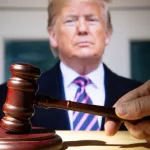 Trump and the court session. The judicial hammer on the background of former president Donald Trump.