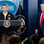 Sean Duffy^ Transportation Secretary^ speaks at a White House press briefing. Pres. Donald Trump also pictured