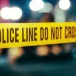 Yellow Tape Showing Text "Police Line Do Not Cross" Restricting a Crime Scene Area At Night. Close Up Aesthetic Shot with Bokeh Effect and Flickering Lights. Criminal on the Loose Strikes Again
