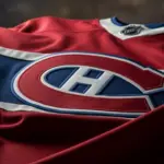 dramatic low angle Close up of Montreal Canadiens jersey^ crumpled^ dramatic lighting ((This content was generated by an Artificial Intelligence (AI) system.)