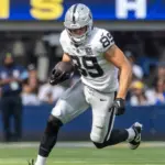 Las Vegas Raiders tie end Brock Bowers #89 runs the ball against the Los Angeles Rams in an NFL football game at SoFi Stadium^ Oct. 20^ 2024^ in Inglewood^ Calif.