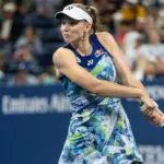 Elena Rybakina of Kazakhstan returns ball during 3rd round against Sorana Cirstea of Romania at the US Open Championships at Billie Jean King Tennis Center in New York on September 1^ 2023
