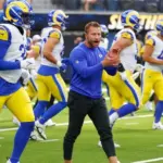LA Rams head coach Sean McVay warms up prior to an NFL football pre-season game against the LA Chargers at SoFi Stadium^ Saturday^ Aug. 17^ 2024^ in Inglewood^ Calif