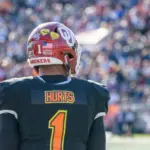 QB Jalen Hurts looks onto the field during 2020 Senior Bowl football ball game Mobile^ Alabama USA - January 25 2020