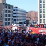 Fans at The Kansas City Chiefs 2024 Superbowl parade near Grand Blvd and 8th Street. Kansas City^ Mo February 14^ 2024.