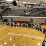 Many seniors and parents lined up in the Sidney High School gym as the seniors are recognized.