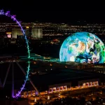 MSG Sphere and High Roller illuminated at night Las Vegas^ Nevada^ USA - November 7th^ 2023