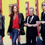 Steven Tyler^ Joey Kramer^ Joe Perry and Tom Hamilton at the Aerosmith "The Global Warming" Tour Press Conference held at the Grove in Los Angeles^ USA on March 28^ 2012.