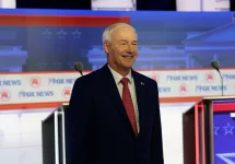 Asa Hutchinson former Arkansas governor in 2024 Republican Presidential Debate at the Fiserv Forum^ Milwaukee^ Wisconsin USA - August 23rd^ 2023