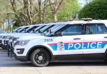 Columbus Ohio May 1^ 2022 A succession of police cars lined up in front of precinct.